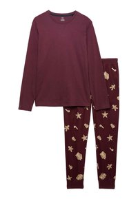Conjunto de pijama M en burdeos con una camiseta de manga larga y pantalones con estampado que presentan elementos decorativos dorados como estrellas y bastones de caramelo.