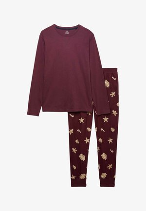 Ensemble de pyjama bordeaux avec un haut à manches longues et un bas à motifs, featuring des éléments décoratifs dorés comme des étoiles et des cannes en sucre.