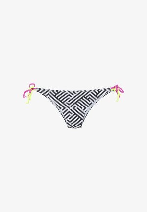 Black and white bikini bottom with geometric pattern, featuring pink and yellow ties at the sides. Smooth texture, minimal coverage design.