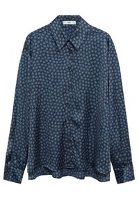 Camicia azzurra con maniche lunghe e bottoni, con un piccolo motivo floreale blu chiaro, esposta su uno sfondo bianco.
