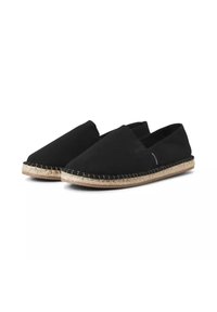 Black canvas espadrilles with a natural jute sole, featuring a slip-on design and stitched detailing along the sole edge.