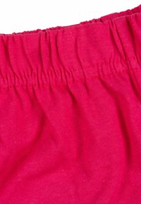 Tessuto con cintura elastica rosa, texture arricciata, morbido misto cotone, superficie liscia e discreto lucido in alcune aree.