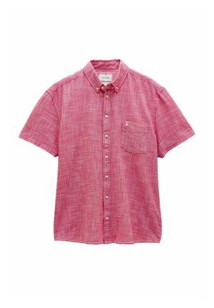 Short-sleeve, button-front pink shirt with subtle white crosshatch pattern and chest pocket, collar with button details.