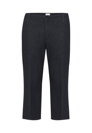 Pantaloni capri din denim închis, cu o croială ajustată, având o textură netedă, talie medie și detalii de cusătură simple.