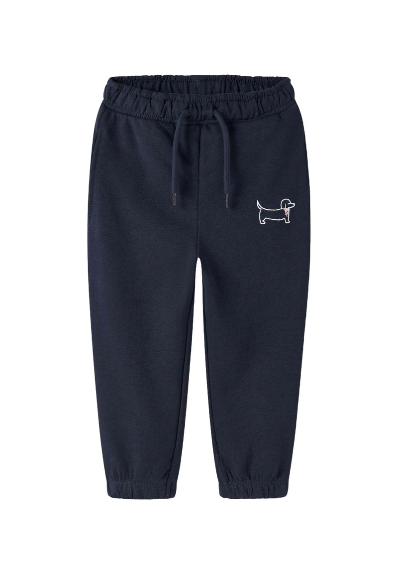 Granatowe dresy z elastycznym pasem i sznurkiem do regulacji, z białym haftowanym wzorem jamnika na lewym biodrze.