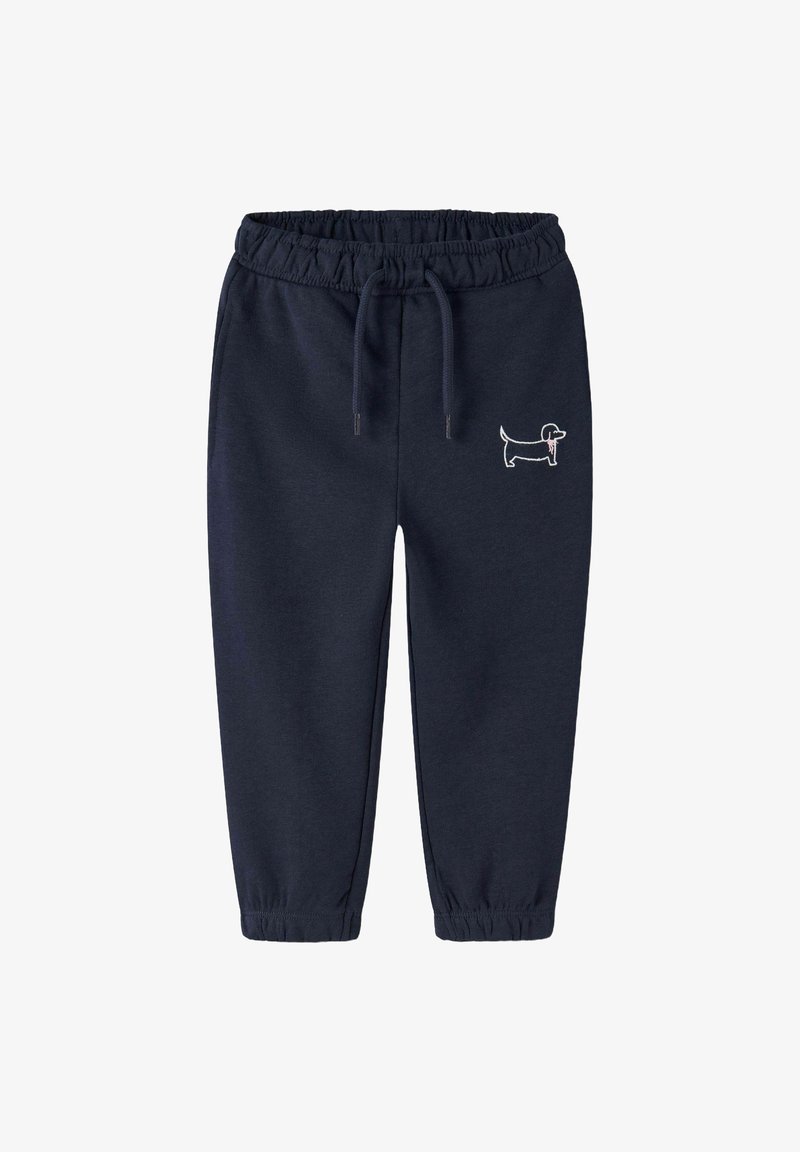 Granatowe dresy z elastycznym pasem i sznurkiem do regulacji, z białym haftowanym wzorem jamnika na lewym biodrze.