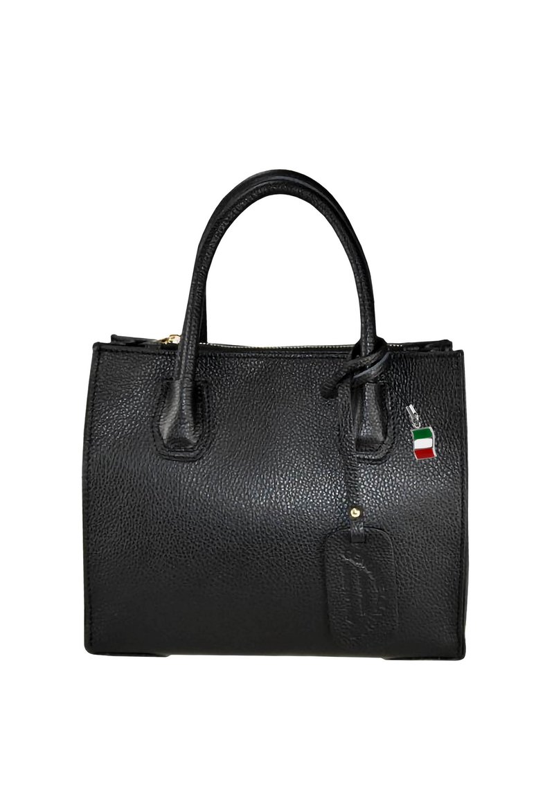 Zwarte leren handtas met een gestructureerde oppervlakte, dubbele handgrepen, gouden hardware en een klein label met de Italiaanse vlag.