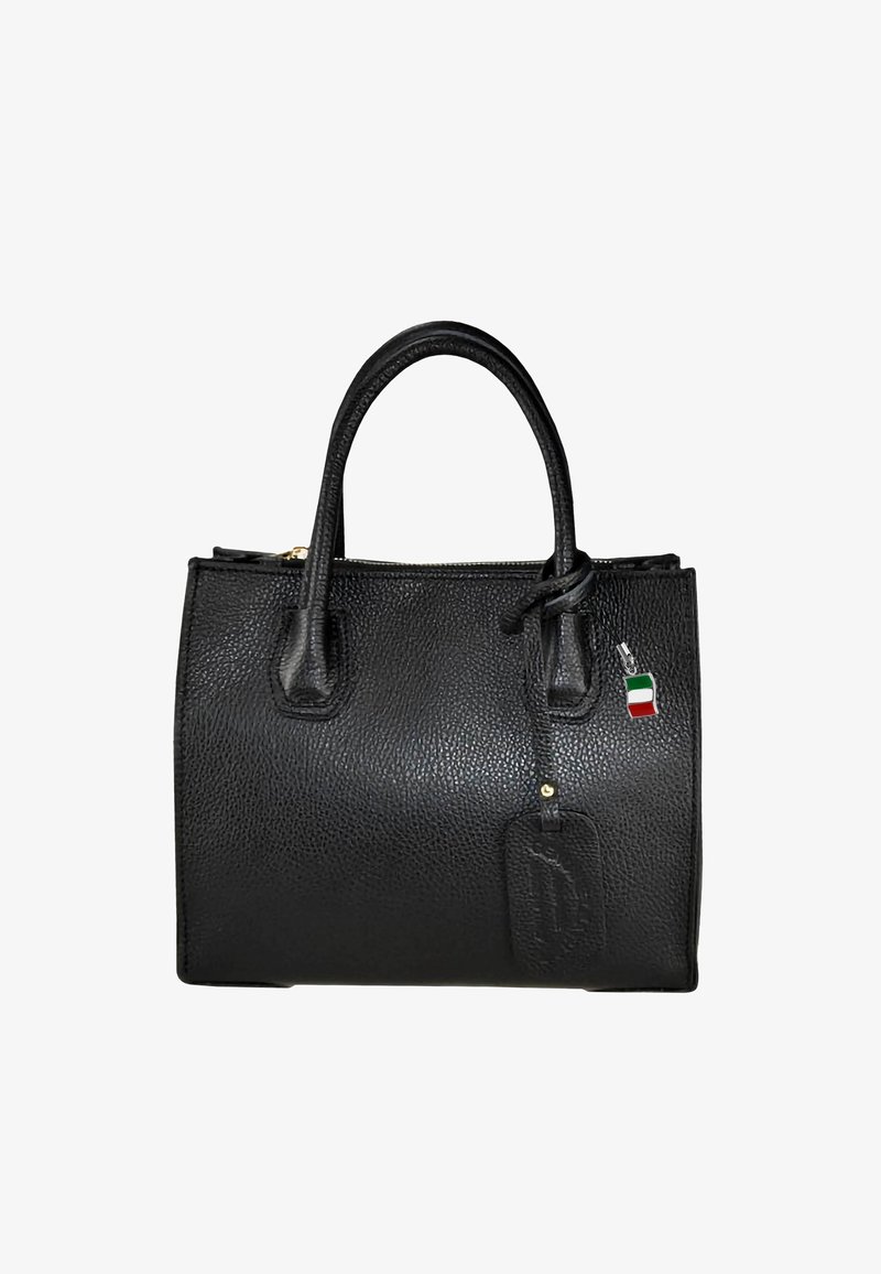 Zwarte leren handtas met een gestructureerde oppervlakte, dubbele handgrepen, gouden hardware en een klein label met de Italiaanse vlag.