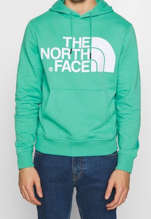 Person trägt eine türkisfarbene Kapuzenjacke mit weißem "THE NORTH FACE"-Logo und blaue Jeans, steht vor einem einfarbigen Hintergrund.