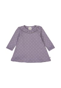 Fialové šaty s dlouhým rukávem a bílými puntíky, s volánkovým límcem a knoflíkovým detailem. Vyrobené z žebrované látky pro texturovaný vzhled.