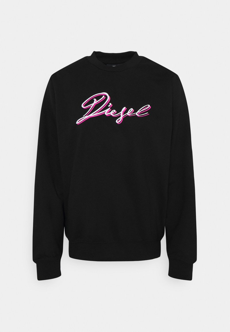 Sudadera negra con puños y cuello de canalé. Presenta un prominente logotipo bordado en rosa y blanco de "Diesel" en el pecho.