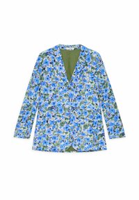 Blazer floral avec des fleurs bleues sur fond vert, fermeture à un bouton, revers crantés et deux poches avant.