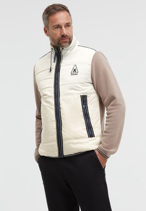 Man wearing beige and white quilted vest with logo, light brown long sleeves, and black pants, hands in pockets, looking to the side.