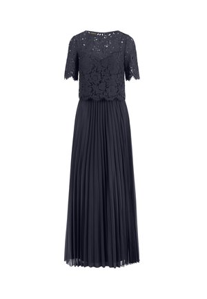 Vestido azul marino con parte superior de encaje de mangas cortas y una falda de chiffon plisada que llega hasta los tobillos.