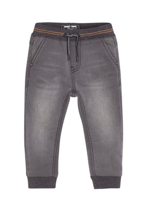 Pantalon pour tout-petits gris foncé avec taille élastique, cordon, poches latérales et bords-côtes aux chevilles sur fond blanc.