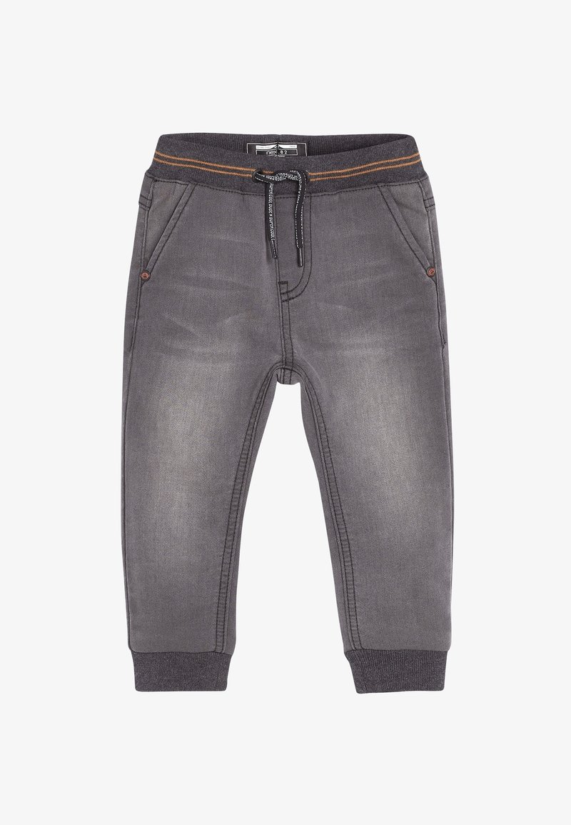 Pantalon pour tout-petits gris foncé avec taille élastique, cordon, poches latérales et bords-côtes aux chevilles sur fond blanc.
