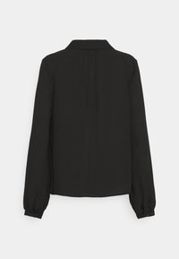 Blouse noire à manches longues avec col et poignets boutonnés, présentant une texture lisse et un détail discret de patte de boutonnage au dos.