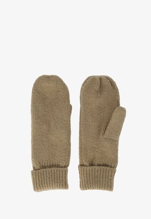 Pair of beige knitted wool mittens with ribbed cuffs, one showing the thumb opening, on a white background.