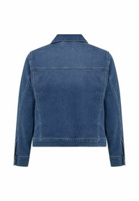 Tumši zila džins jacket ar garām piedurknēm, apkakli un aizmugurējo šuvju. Iekļauj sānu kabatas ar šķērsgriezumu un izšūtas detaļas gar šuvēm.