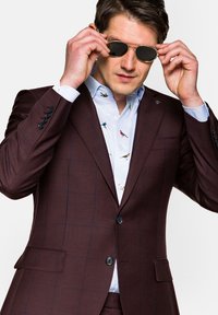 Bordowa marynarka w kratę z klapami notch, na dwa guziki, oraz kontrastowa jasnoniebieska koszula z kolorowymi wzorami ptaków. Okrągłe czarne okulary przeciwsłoneczne.