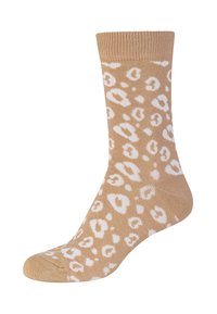 Meias até ao joelho em tom bege com um padrão de leopardo branco. Tecido suave e elástico com punho canelado e textura opaca.