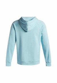  Lichtblauwe hoodie van zacht materiaal, met een kangoeroezak, geribbelde manchetten en onderrand, en een gladde textuur.