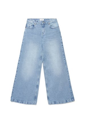Jeans in denim azzurro chiaro a gamba larga con tasche frontali, passanti per cintura, chiusura con bottone e dettagli scoloriti sulle cosce.