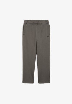 Pantalon de survêtement décontracté gris foncé avec taille élastique, poches latérales et petit logo Puma sur la partie supérieure de la cuisse sur fond blanc.