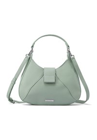 Borsa a tracolla in pelle verde chiaro con una forma curvata, chiusura a patta e tracolla removibile. Presenta hardware in tonalità argento e una superficie liscia.