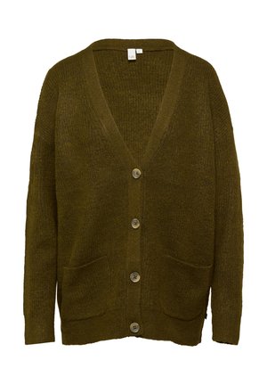 Olijfgroen cardigan gemaakt van textuurgebreide stof, met een V-hals, vijf knopen en twee voorzakken voor extra functionaliteit.