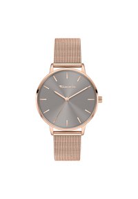 Runde Uhr mit einem roségoldenen Gehäuse und einem Mesh-Armband. Graues Zifferblatt mit matter Oberfläche, minimalistischen Stundenmarkierungen und Logo bei 12 Uhr.