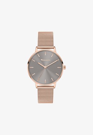 Ronde horloge met een roségouden kast en een mesh band. Grijze wijzerplaat heeft een matte afwerking, minimalistische uurmarkeringen en een logo op 12 uur.