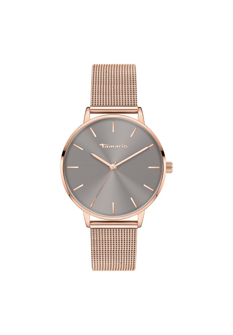 Runde Uhr mit einem roségoldenen Gehäuse und einem Mesh-Armband. Graues Zifferblatt mit matter Oberfläche, minimalistischen Stundenmarkierungen und Logo bei 12 Uhr.