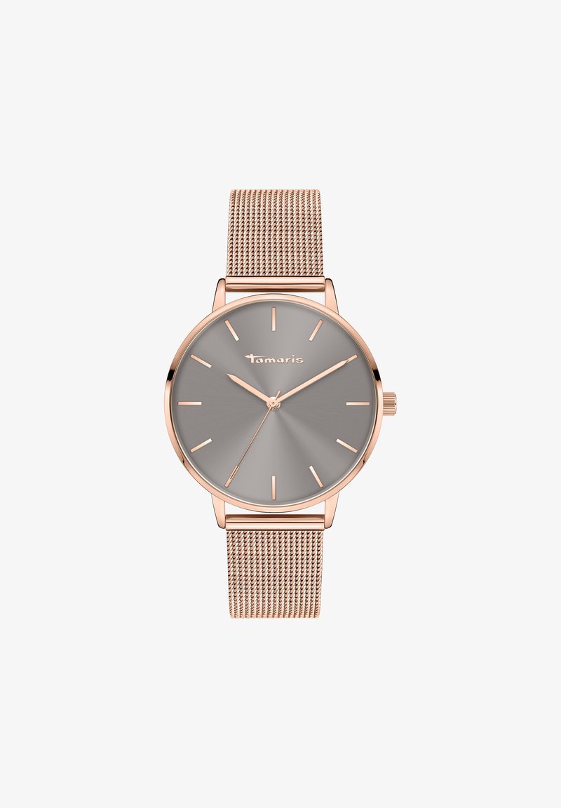 Runde Uhr mit einem roségoldenen Gehäuse und einem Mesh-Armband. Graues Zifferblatt mit matter Oberfläche, minimalistischen Stundenmarkierungen und Logo bei 12 Uhr.