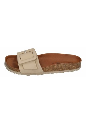 Beiger Rutschsandale mit einem breiten Riemen und einer quadratischen Schnalle, kork-texturiertem Mittelsohle und flacher Gummisohle. Glatte Innenauskleidung.