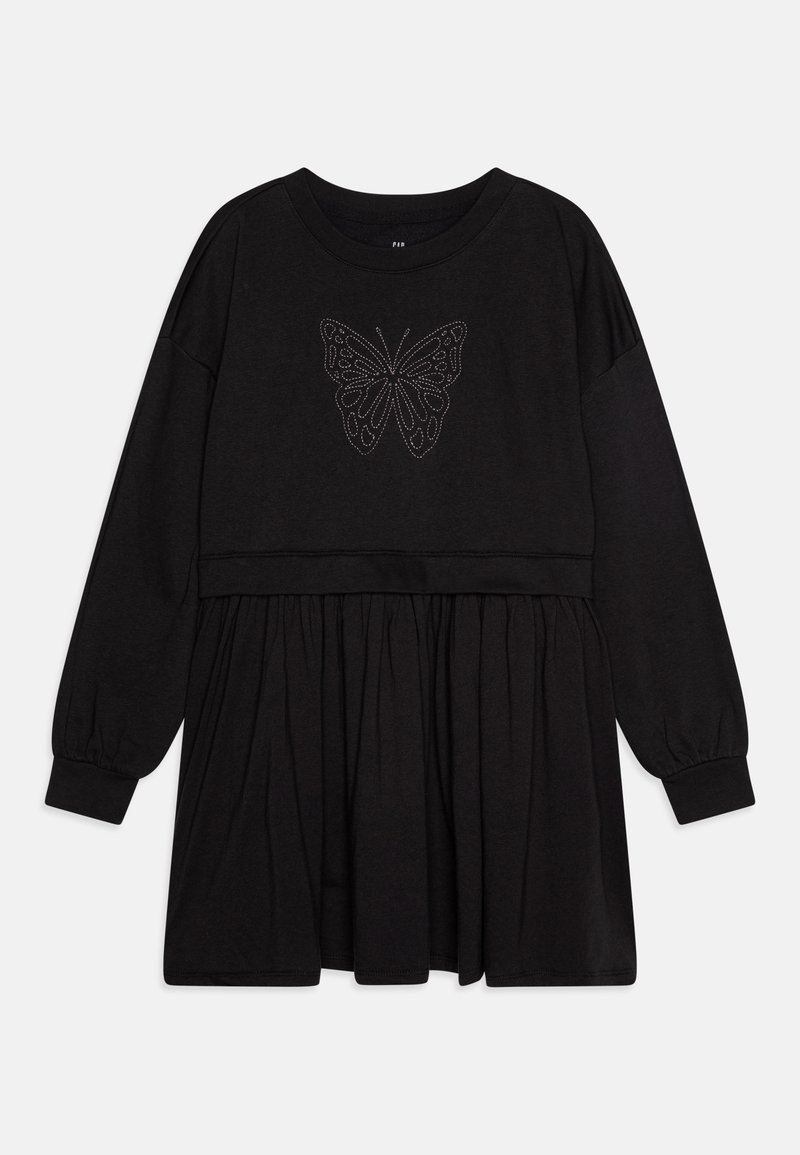 Μαύρο φόρεμα με μακριά μανίκια, διαθέτοντας εφαρμοστή κορσέ και φουσκωτό φάσμα. Σχεδιασμός ασημένιας πεταλούδας στο στήθος. Απαλή υφή υφάσματος.