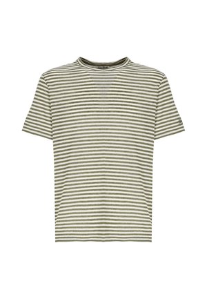 T-shirt a maniche corte con scollo rotondo, righe orizzontali bianche e verde oliva, vestibilità regolare e piccolo logo sulla manica sinistra.