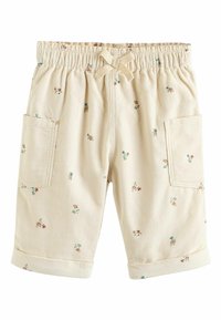 Beige kordshorts med blommönster, elastisk midja med dragsko, två sidofickor och uppvikta ärmslut.