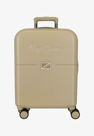 Maleta rígida beige con cuatro ruedas, asa telescópica y logo en relieve "Pepe Jeans" en el panel frontal.