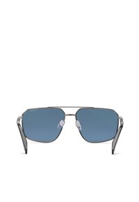 Lunettes de soleil avec monture en métal, verres rectangulaires bleus, plaquettes de nez ajustables et détail fin avec double pont.