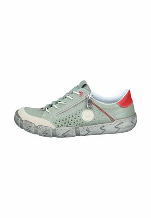 Green leather sneaker with perforated design, red accents, gray rubber sole, and side zipper detail. Features white inner lining and stitching.