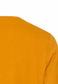 Sennepsgul T-shirt med en glat tekstur, rund halsudskæring og korte ærmer, der har et enkelt, uudsmykket design.