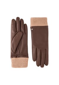 Brown leather gloves with a tan ribbed knit cuff. Features five fingers and a fitted design, showcasing smooth texture and subtle metallic accent.