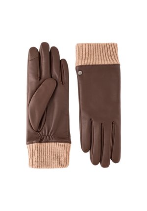 Braune Lederhandschuhe mit einem beigefarbenen, gerippten Strickbund. Sie verfügen über fünf Finger und ein enges Design, das eine glatte Textur und einen dezenten metallischen Akzent zur Geltung bringt.