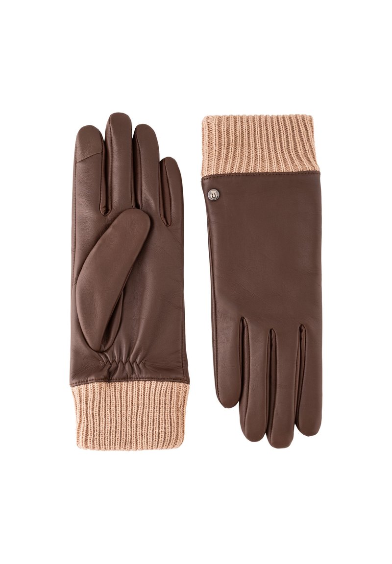 Brown leather gloves with a tan ribbed knit cuff. Features five fingers and a fitted design, showcasing smooth texture and subtle metallic accent.