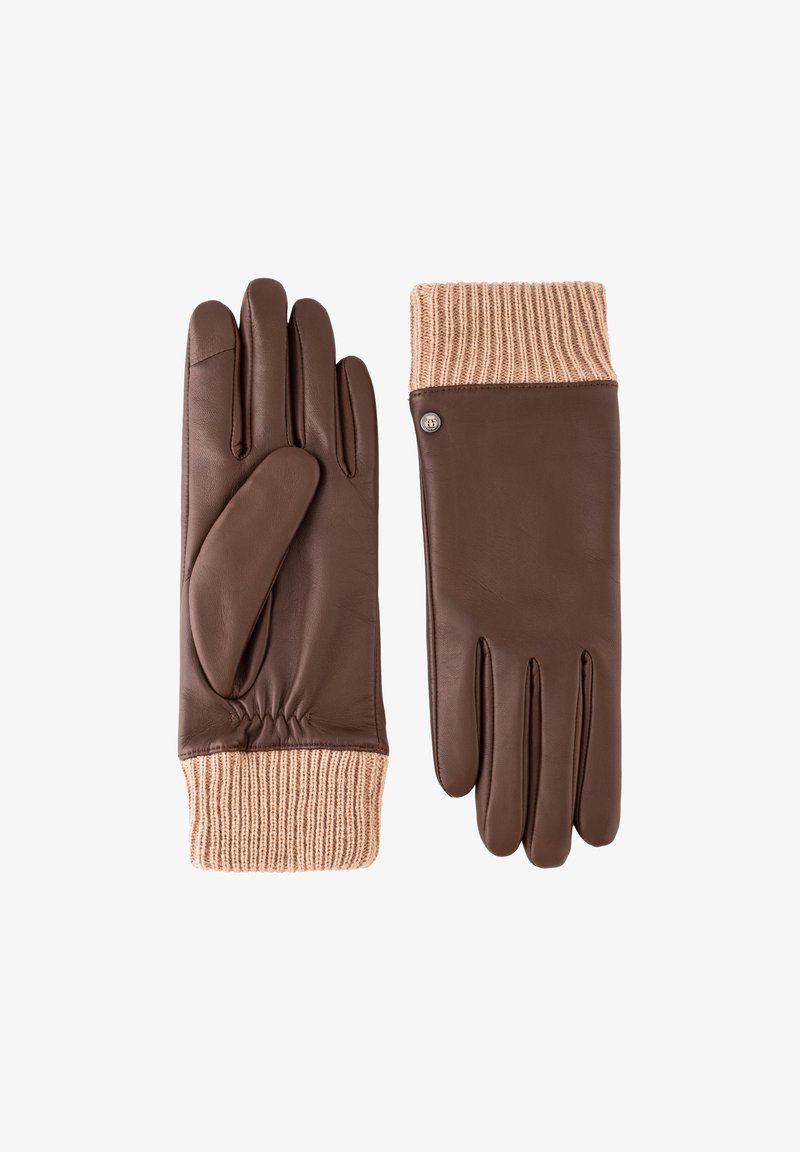 Brown leather gloves with a tan ribbed knit cuff. Features five fingers and a fitted design, showcasing smooth texture and subtle metallic accent.