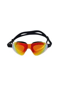Zwembril met een zwarte band, voorzien van een kleurrende, spiegelende lens die van oranje naar blauw overgaat. Slank, gebogen ontwerp voor comfort.