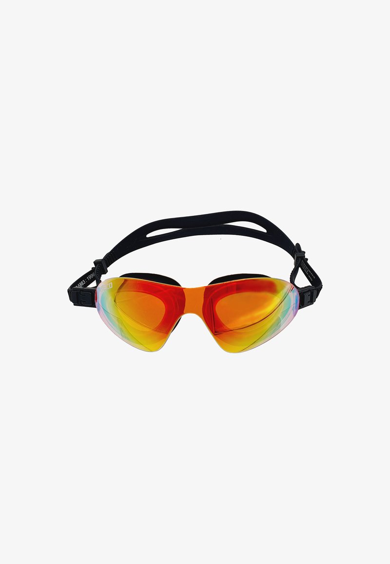 Zwembril met een zwarte band, voorzien van een kleurrende, spiegelende lens die van oranje naar blauw overgaat. Slank, gebogen ontwerp voor comfort.