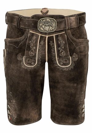 Braune Lederhosen mit dekorativen Nähten, silbernem Gürtelverschluss und seitlichen Taschen. Das Gewebe weist aufwendige florale Muster auf.