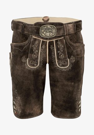 Braune Lederhosen mit dekorativen Nähten, silbernem Gürtelverschluss und seitlichen Taschen. Das Gewebe weist aufwendige florale Muster auf.